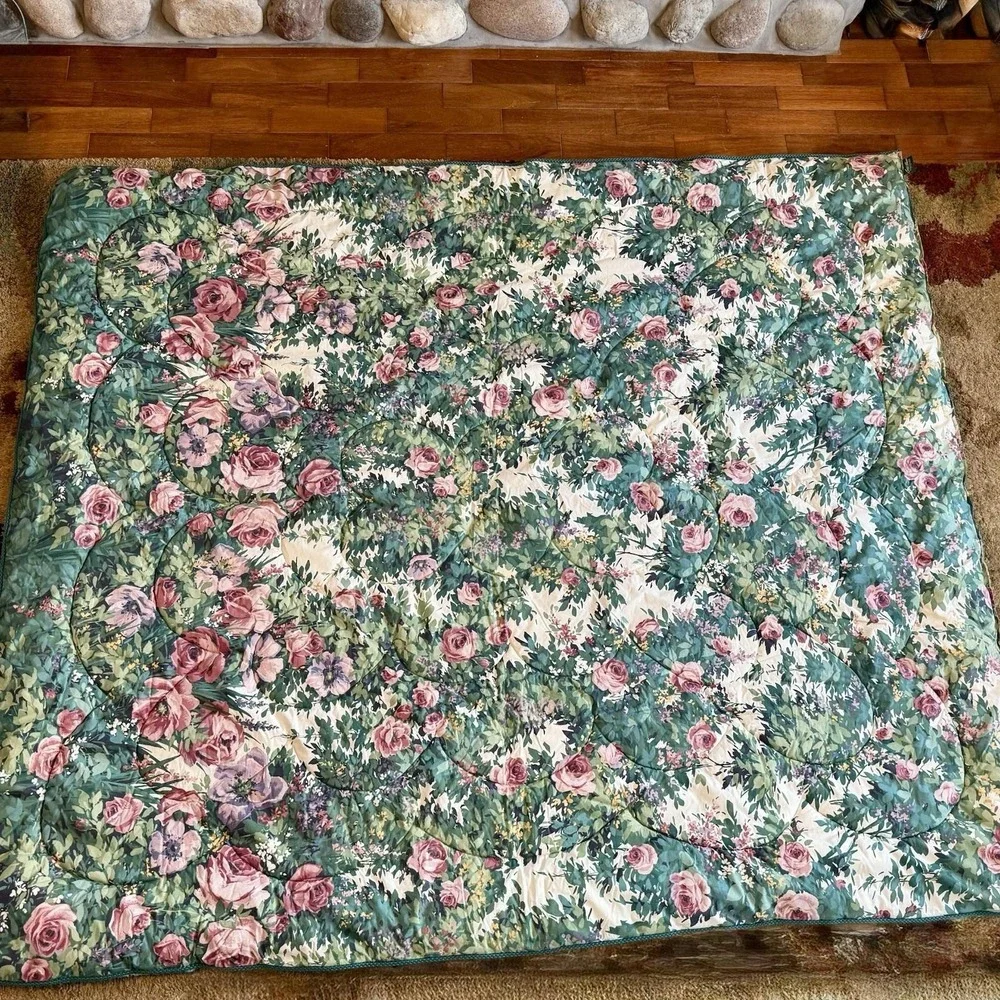 3pc VTG Country Floral Full Comforter Valance Curtains Green Pink Rose Roses USA